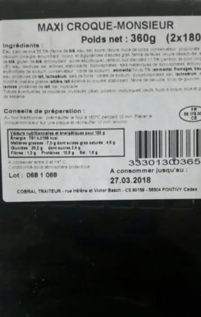 Maxi croque monsieur ingredients label