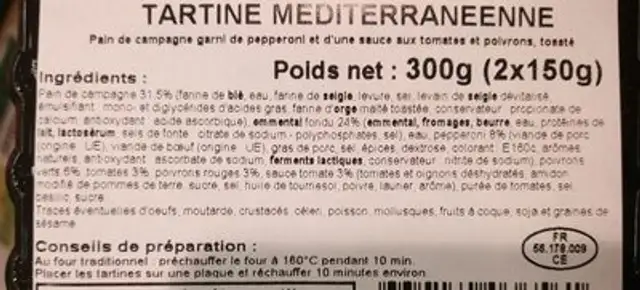 Tartine Méditerranée ingredients label