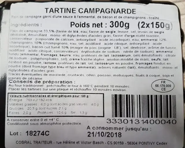 Tartine campagnarde 2 x 150 g ingredients label