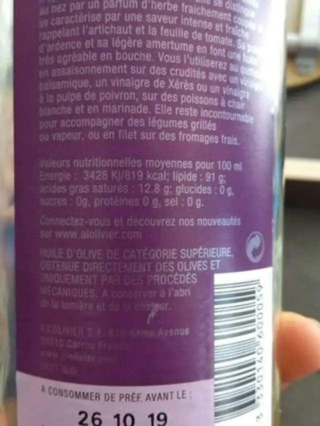 Huile d'olive vierge extra fruité vert ingredients label