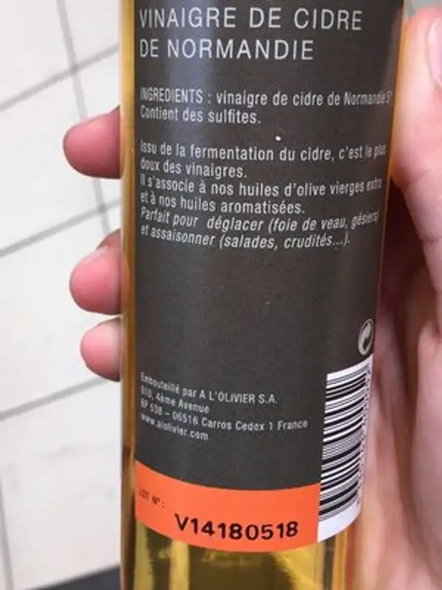 Vinaigre de cidre de Normandie ingredients label