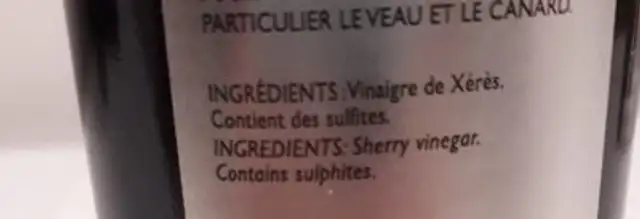 Vinaigre de xérès Pedro Ximenez ingredients label