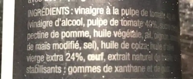 Emulsion tomate basilic ingredients label