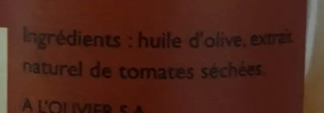 huile d'olive et tomates séchées ingredients label