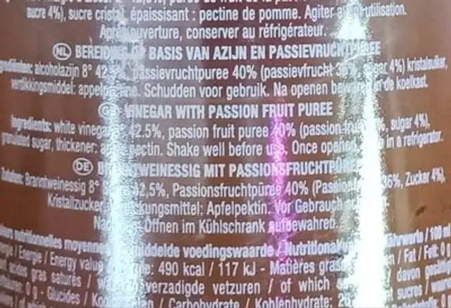 A L'Olivier Passionsfrugteddike, 200 ML nutrition facts table