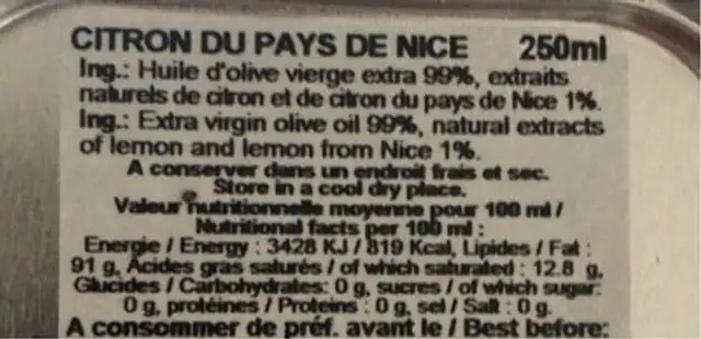 Bid. Groen Olijfolie Citroen nutrition facts table