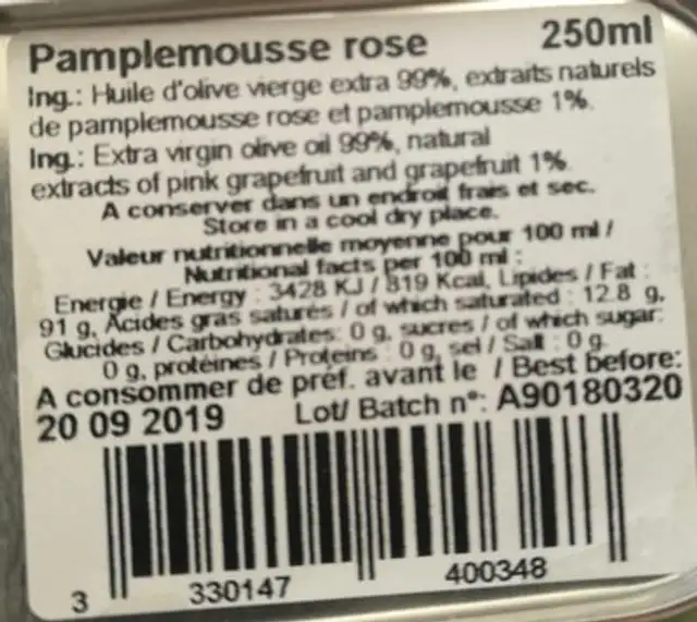 Huile d olive pamplemousse rose ingredients label