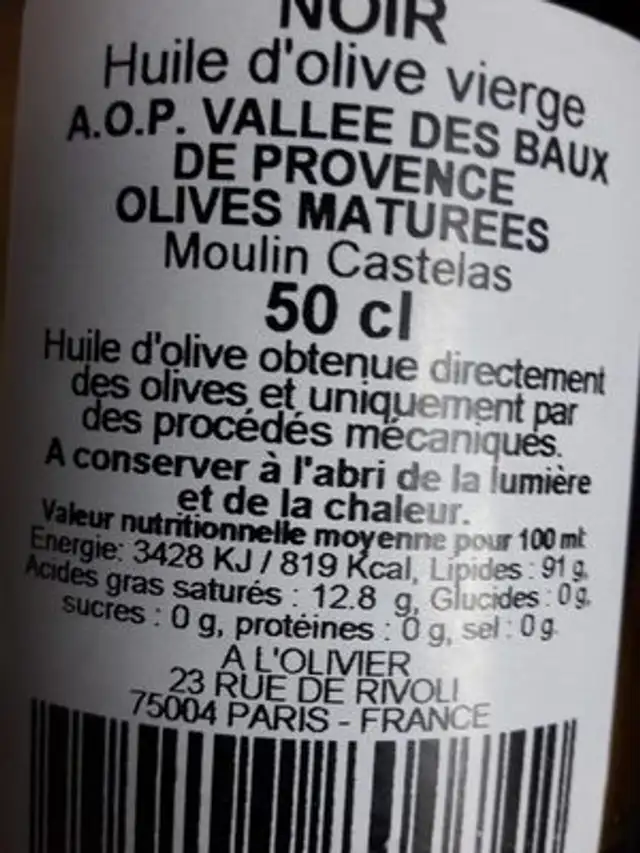Huile d'olive vierge À.O.P. Vallée des Baux ingredients label