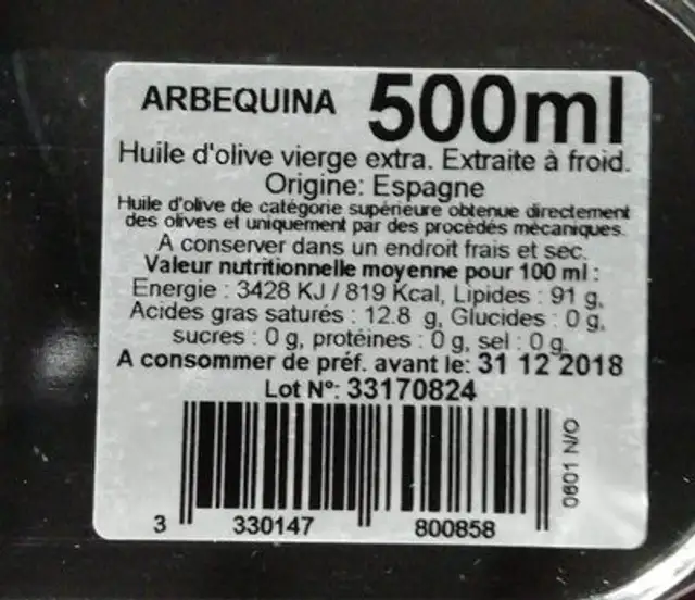 Huile d'olive ingredients label