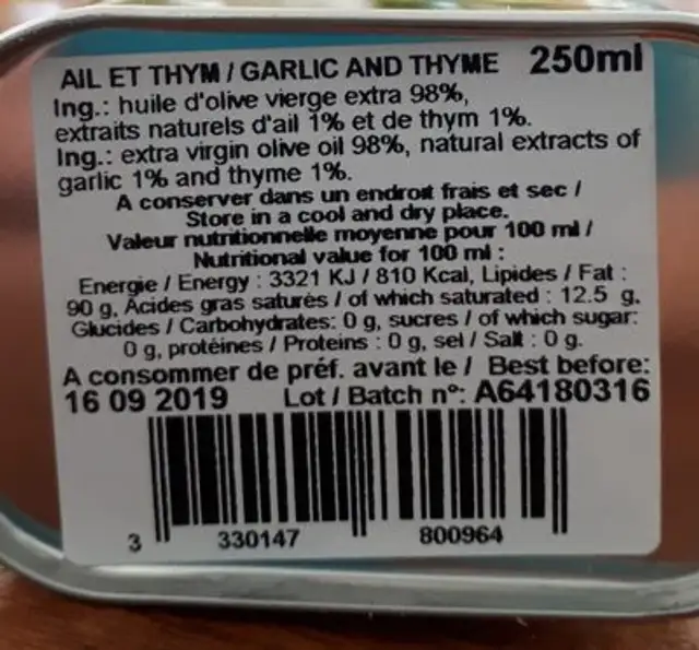 Bid. Groen Olijfolie Look & Thym ingredients label
