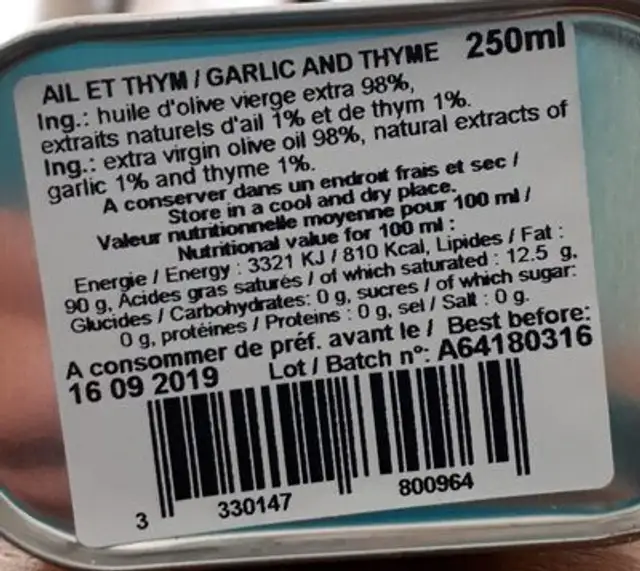 Bid. Groen Olijfolie Look & Thym nutrition facts table