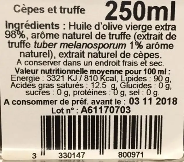 Bid. Groen Olijfolie Cèpes & Truf. ingredients label