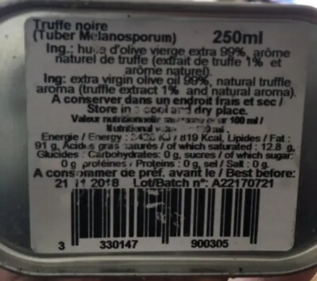 Bid. Groen Olijfolie Truffelaroma ingredients label