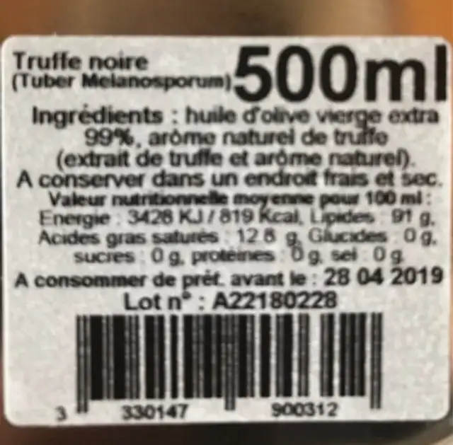 Truffe noire ingredients label