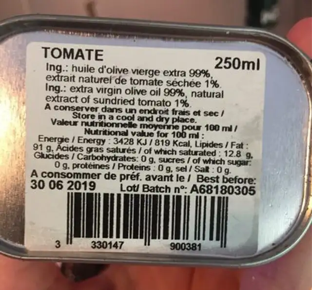 Bid. Rood Olijfolie Gedroogde Tom. ingredients label