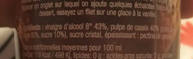 Préparation à base de vinaigre et de pulpe de cassis ingredients label