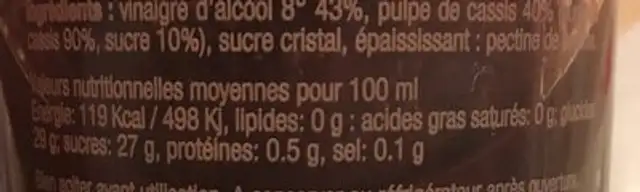 Préparation à base de vinaigre et de pulpe de cassis nutrition facts table