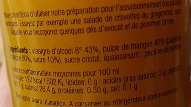 A L'Olivier Mangoeddike, 200 ML ingredients label