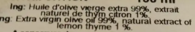 Huile d'olive Thym citronné 150 ML ingredients label
