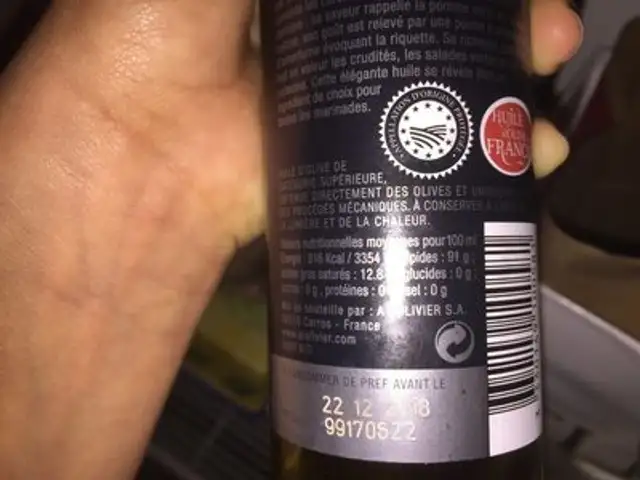 Huile d'olive vierge extra Haute Provence A.O.P ingredients label