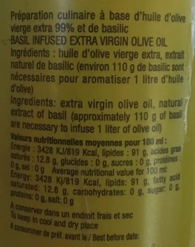 Huile au basilic ingredients label