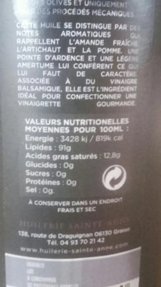 Huile olive vierge extra ingredients label