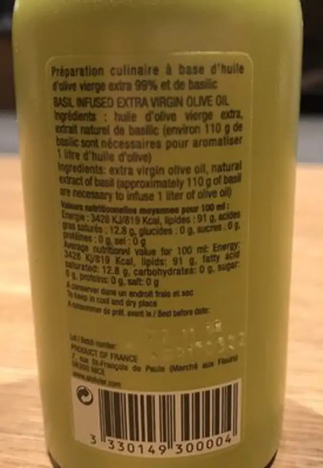 Huile Basilic ingredients label