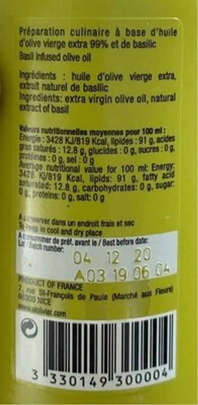 Huile Basilic nutrition facts table