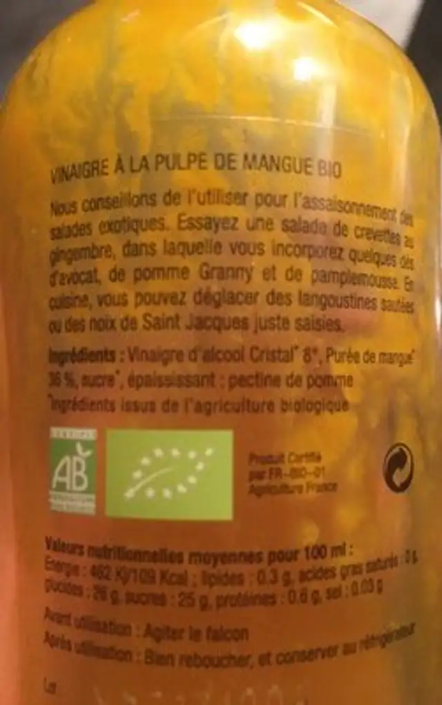 Vinaigre bio mangue ingredients label