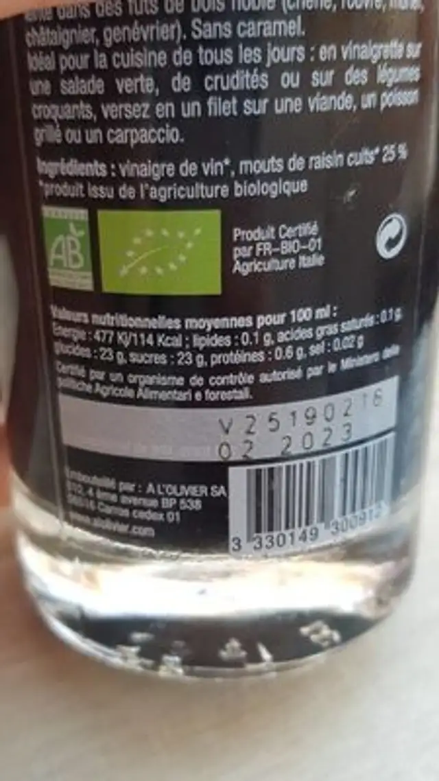 Vinaigre balsamique de medène nutrition facts table