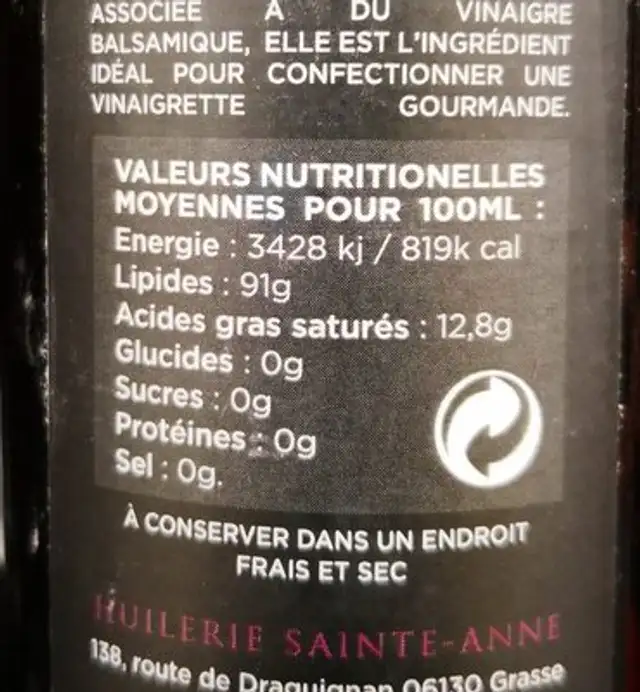 Huile d'olive vierge extra ingredients label