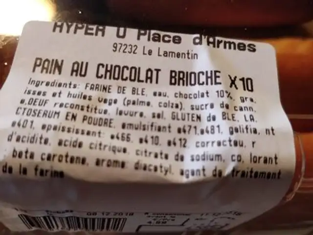 Pain au chocolat brioche ingredients label
