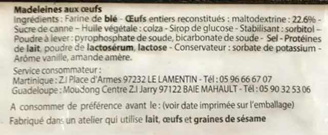 Madeleines aux oeufs ingredients label