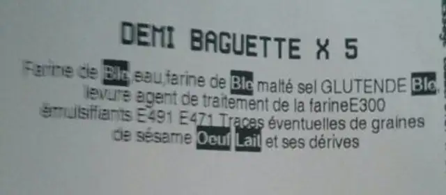 Demi baguette Hyper U ingredients label