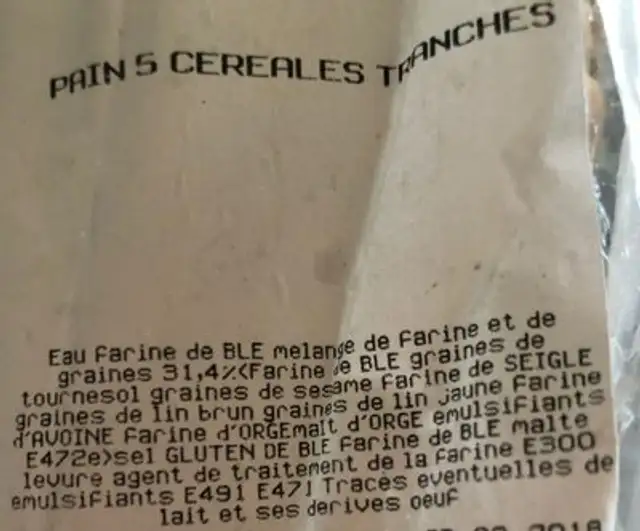 Pain 5 cereales tranches ingredients label