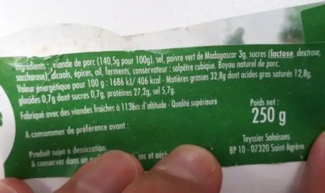 Saucisson sec au poivre vert de Madagascar ingredients label