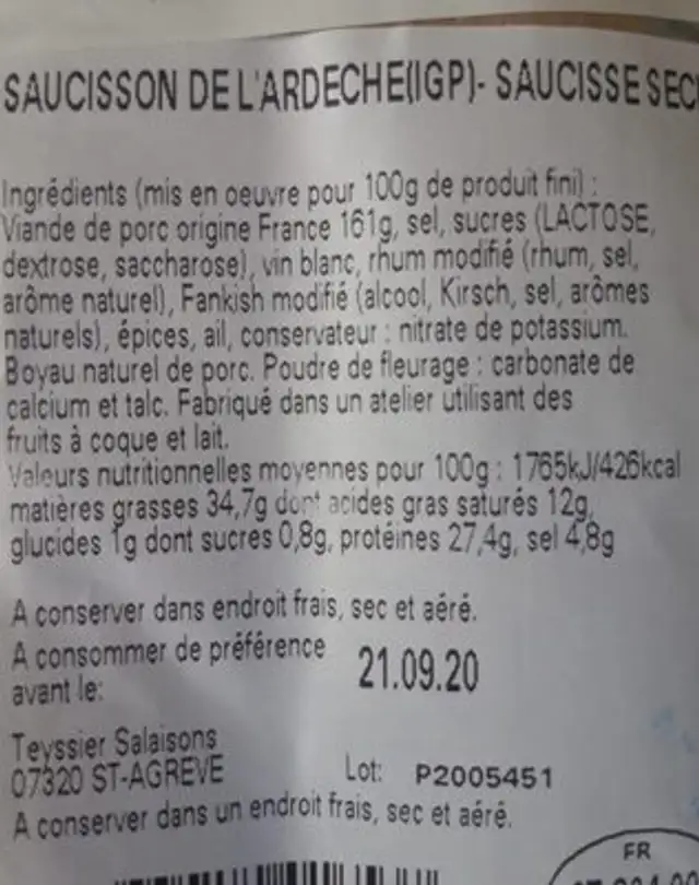 Saucisson nutrition facts table