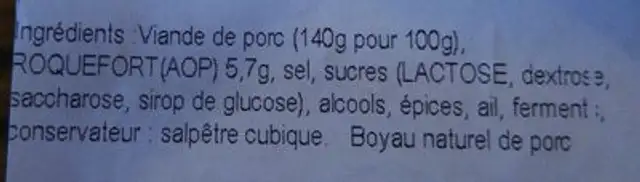 Saucisson sec au roquefort AOP ingredients label