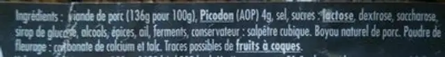 Saucisson sec au picodon AOP ingredients label