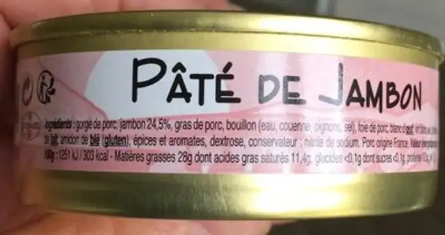 Pâté de jambon ingredients label
