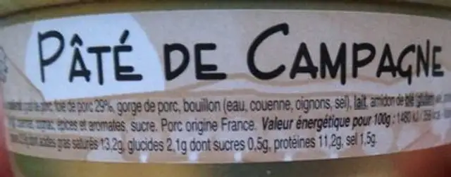 Pâté de campagne ingredients label