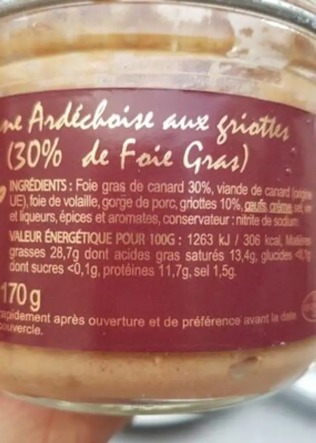 Terrine Ardéchoise aux griottes nutrition facts table