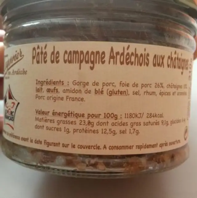 Pate de campagne ardechois aux chataignes ingredients label