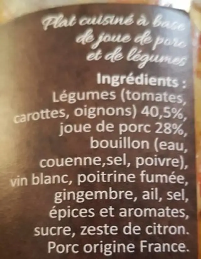 Belle joue Grosses légumes ingredients label