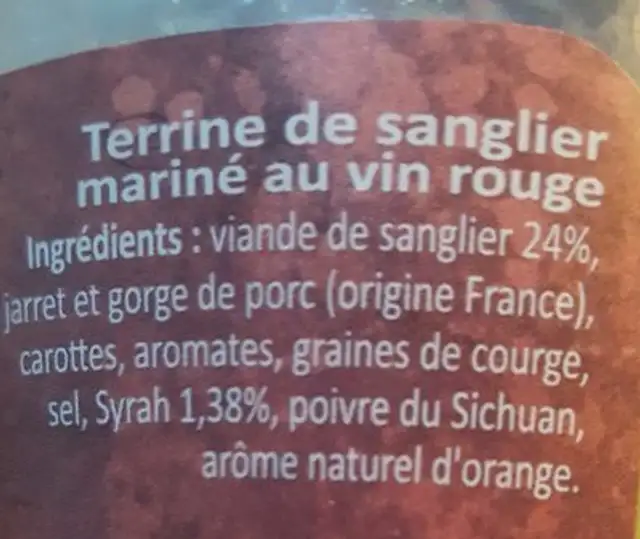 Verrine Sanglier à L'ivrogne ingredients label