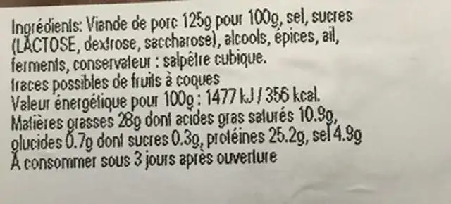 Montagnard saucisson de l'Ardèche ingredients label