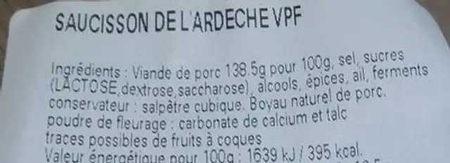 Saucisson de l'Ardèche ingredients label