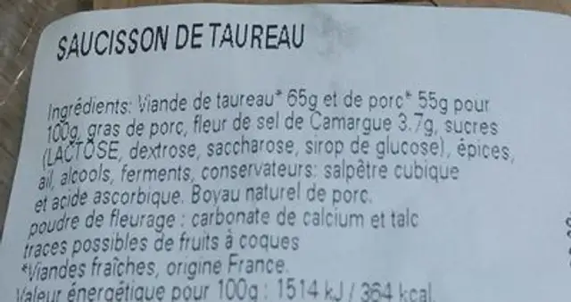 Saucisson de taureau ingredients label