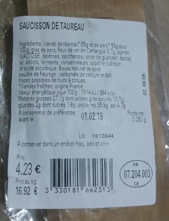 Saucisson de taureau nutrition facts table