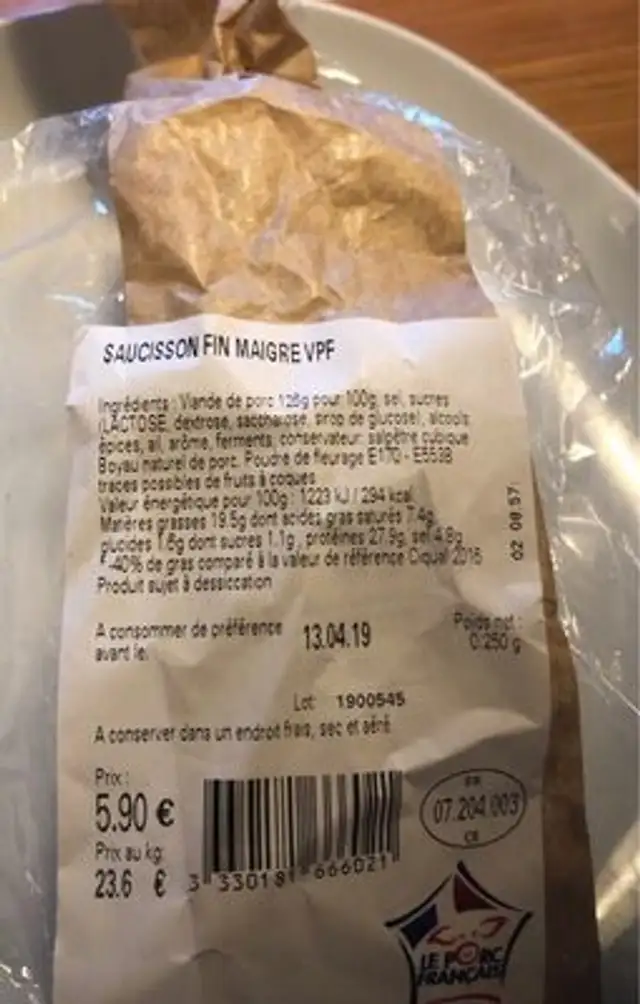 Saucisson Fin Maigre VPF ingredients label